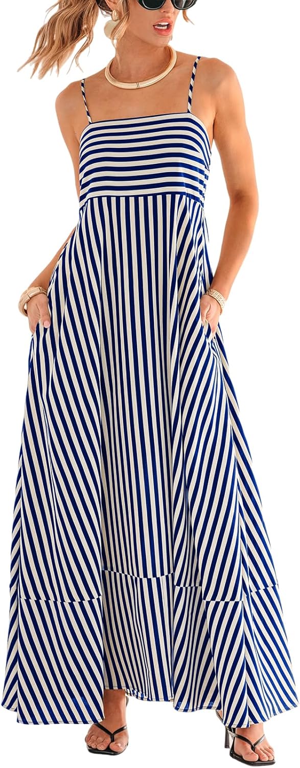 Womens Summer Maxi Dress Casual Sleeveless Square Neck Striped Beach Long Dress with Pockets