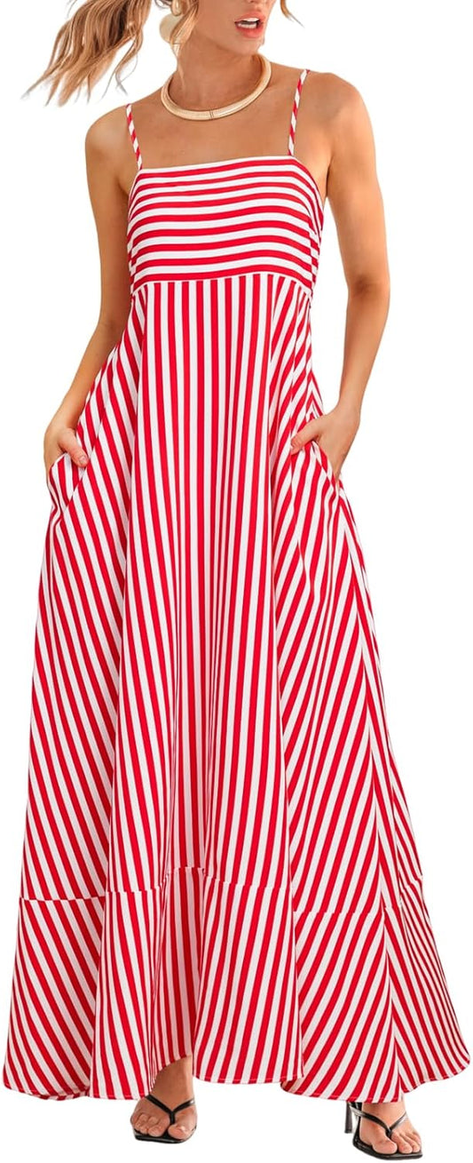 Womens Summer Maxi Dress Casual Sleeveless Square Neck Striped Beach Long Dress with Pockets