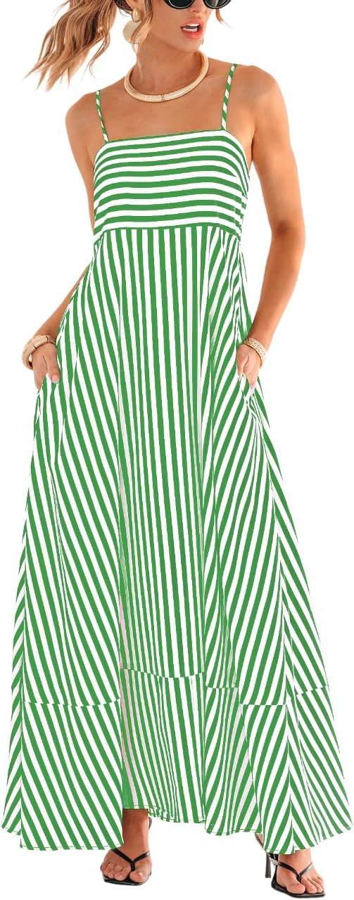 Womens Summer Maxi Dress Casual Sleeveless Square Neck Striped Beach Long Dress with Pockets