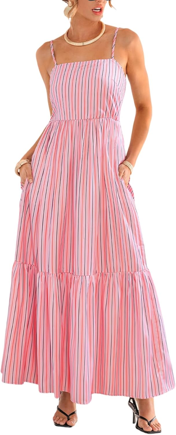 Womens Summer Maxi Dress Casual Sleeveless Square Neck Striped Beach Long Dress with Pockets