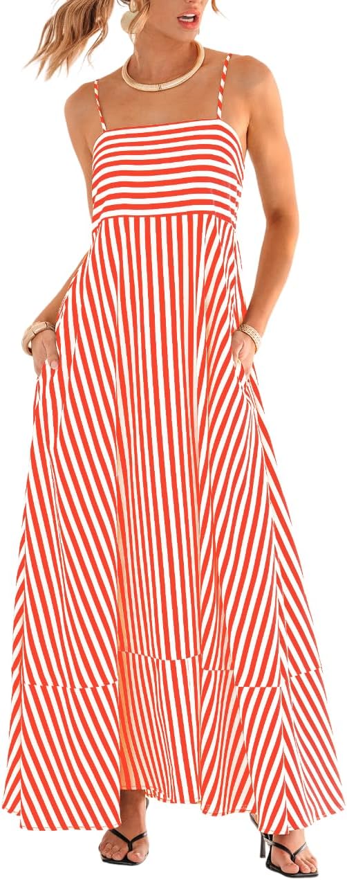 Womens Summer Maxi Dress Casual Sleeveless Square Neck Striped Beach Long Dress with Pockets
