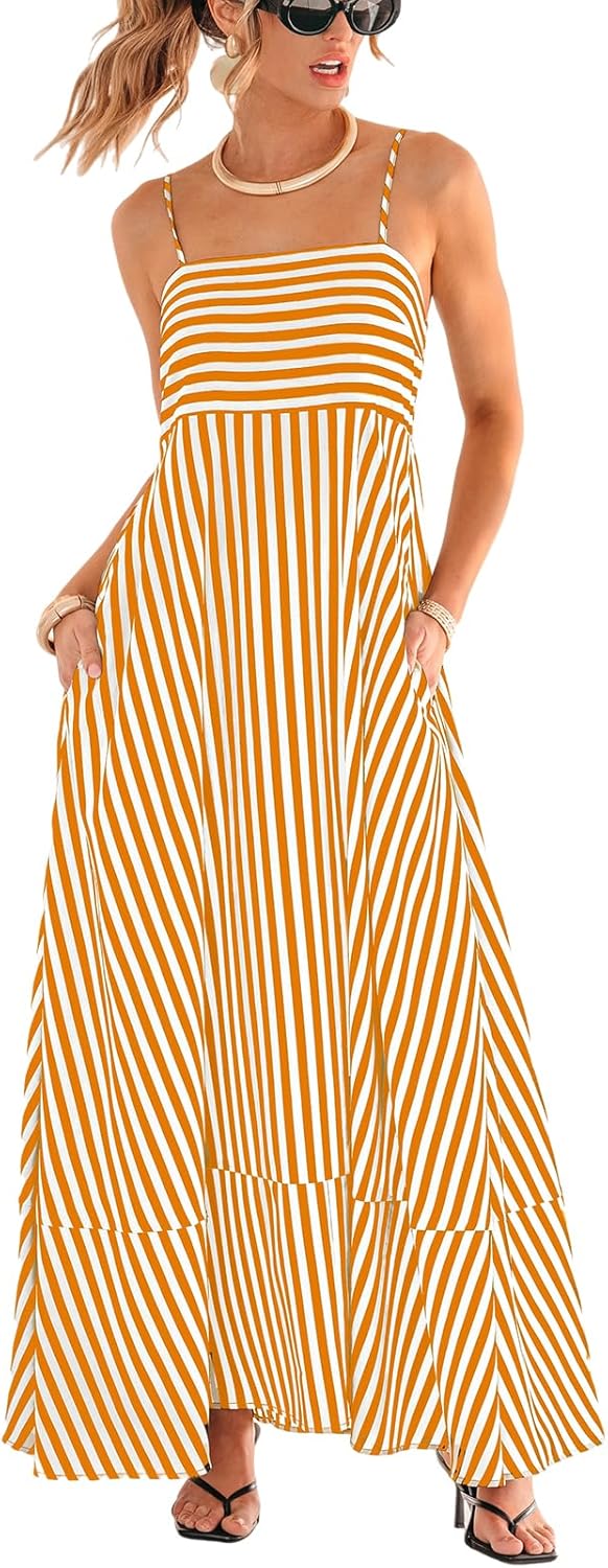 Womens Summer Maxi Dress Casual Sleeveless Square Neck Striped Beach Long Dress with Pockets