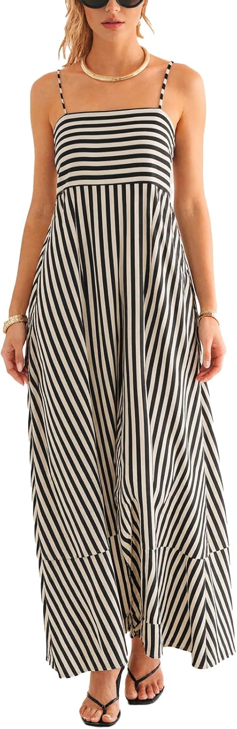 Womens Summer Maxi Dress Casual Sleeveless Square Neck Striped Beach Long Dress with Pockets