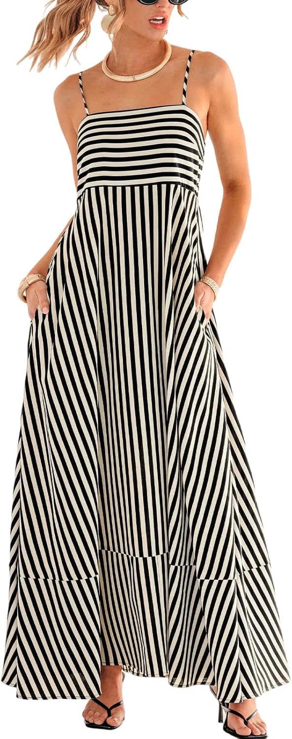 Womens Summer Maxi Dress Casual Sleeveless Square Neck Striped Beach Long Dress with Pockets