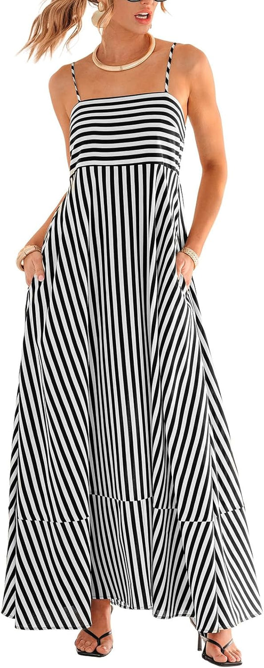 Womens Summer Maxi Dress Casual Sleeveless Square Neck Striped Beach Long Dress with Pockets