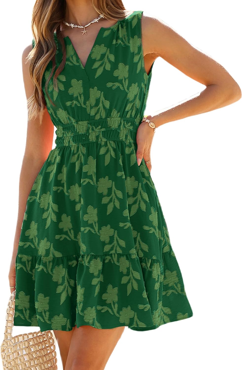 Womens Summer Boho Dress Casual Sleeveless V Neck Empire Waist Floral Flowy A Line Mini Beach Vacation Sundresses