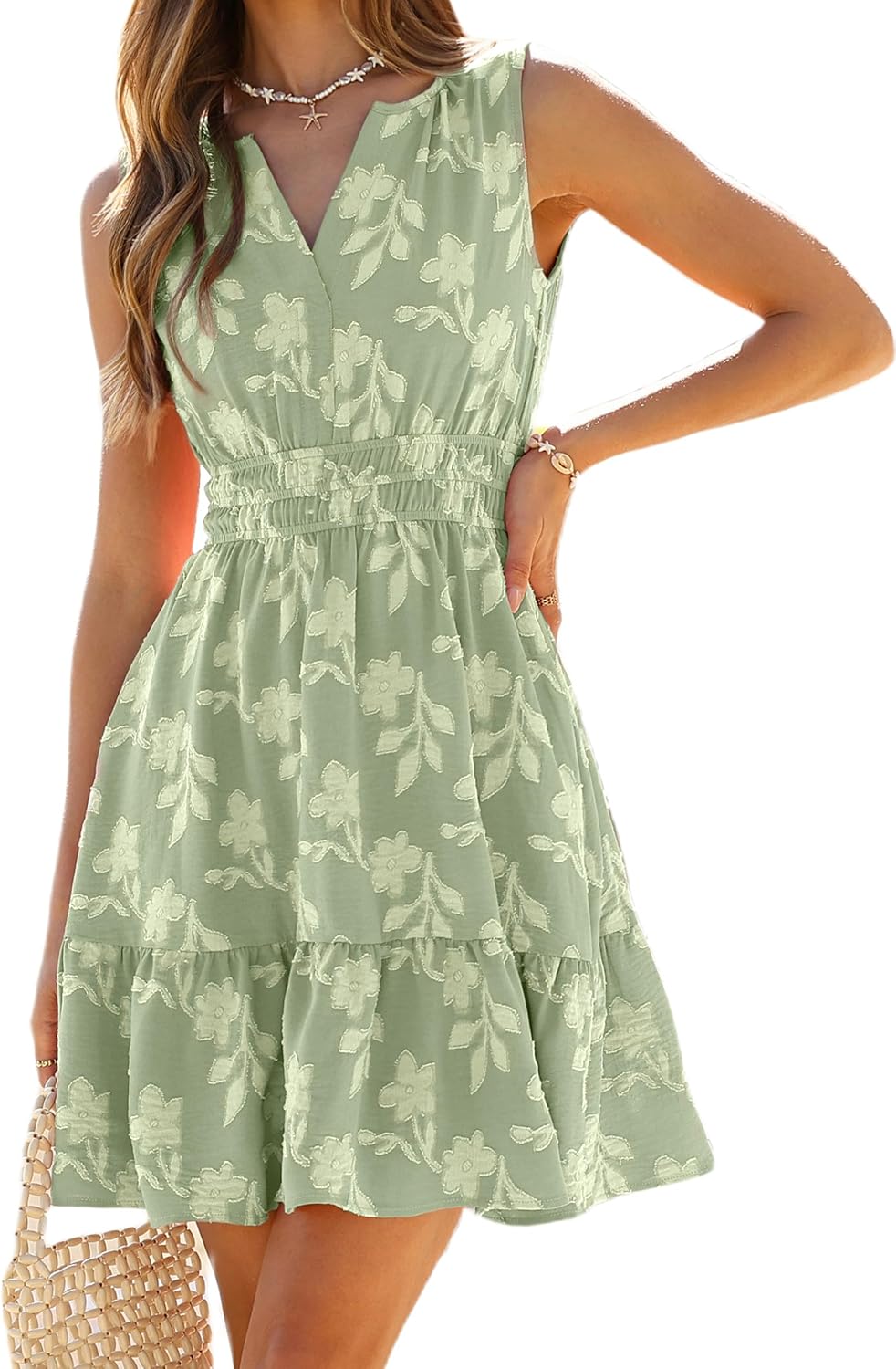 Womens Summer Boho Dress Casual Sleeveless V Neck Empire Waist Floral Flowy A Line Mini Beach Vacation Sundresses